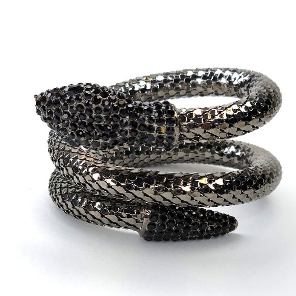 Vintage Mesh Black Rhinestone 3 Coil Serpent SIlver Snake Bracelet - Picture 10 of 12
